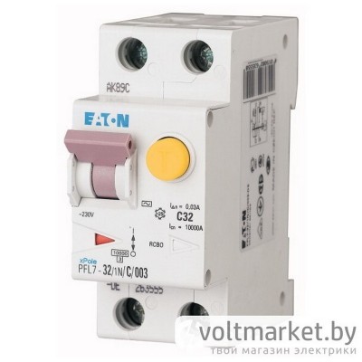 Дифф. авт. выключатель PFL7-32/1N/C/003, 1P+N, 32A, хар-ка C, 10kA, 30mA, тип АC, 2M