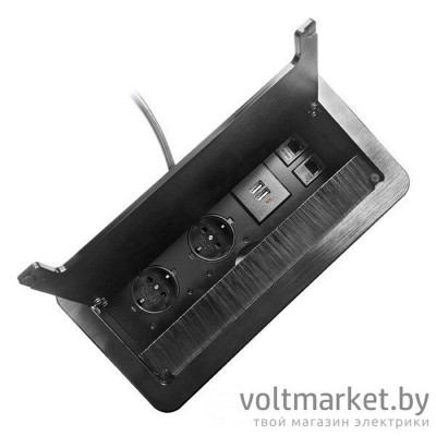 Блок розеточный встраиваемый 2x2P+E со шторками, 3600Вт, 2хUSB 2,1A, 2xRJ45, кабель 1,5m, щеточный ввод, металл, черный